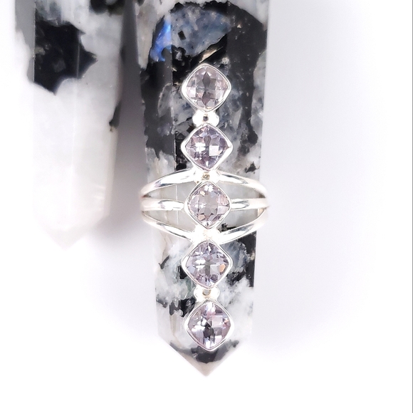 Sterling Silver 5 Stone Cushion Cut Pale Lavender Kunzite Crawler Ring Size 8 - Picture 5 of 16